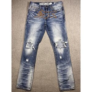 Icecream Jeans Mens 32x32 Blue Skinny Distressed Running Dog Ripped Button Fly